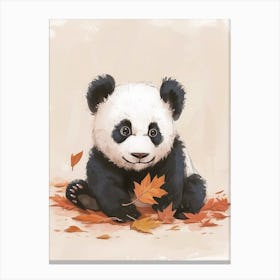 Giant Panda Cub Playing With A Fallen Leaf Storybook Illustration 3 Canvas Print