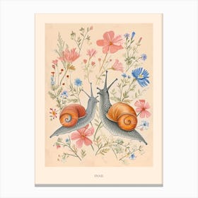 Folksy Floral Animal Drawing Snail Poster Canvas Print