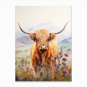 Watercolour Portrait Of Highland Cow In Watercolour Field Canvas Print