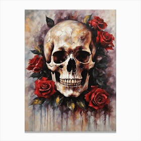 Gothic Romantic Skull with red Roses Painting | Antique Skeleton Tattoo Art Botanical Dark But Vibrant Aesthetic Canvas Print