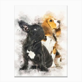 Young Beagle And Black French Bulldog Puppy Canvas Print