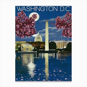 Washington, White House At Night And Cherry Blossoms Canvas Print