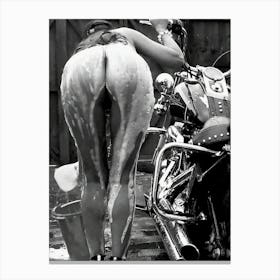 Naked Woman Washing Motorcycle Canvas Print