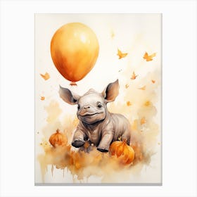 Rhino Flying With Autumn Fall Pumpkins And Balloons Watercolour Nursery 1 Canvas Print