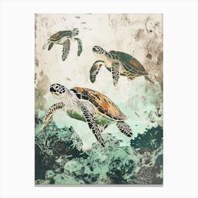 Three Sea Turtles Exploring The Ocean Silk Screen Inspired Canvas Print