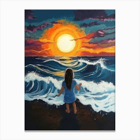 Young Girl Painting A Of A Sun Over The Ocean With Waves Canvas Print