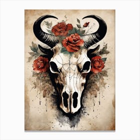 Vintage Boho Bull Skull Flowers Painting (51) Canvas Print