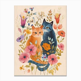 Folksy Floral Animal Drawing Cat 9 Canvas Print