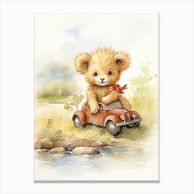 Playing With Toy Car Watercolour Lion Art Painting 4 Canvas Print