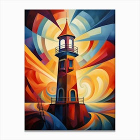 Lighthouse Tower at Sunset III, Vibrant Colorful Painting in Cubism Picasso Style Canvas Print