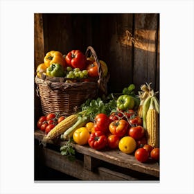 Assorted Vegetables And Fruits From A Fresh Farm Harvest Arranged In A Rustic Wicker Basket Overfl (2) Canvas Print