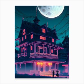 Neon Vibrant House In The Moonlight Canvas Print