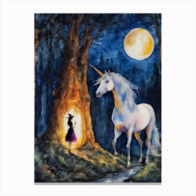 A Witch Meets a Unicorn ~ Witchy Magical Spooky Fairytale Watercolour  Canvas Print