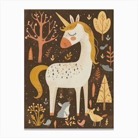 Unicorn In The Meadow With Abstract Woodland Animal Friends Muted Pastel 4 Canvas Print