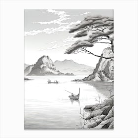 Sado Island In Niigata,, Ukiyo E Black And White Line Art Drawing 4 Canvas Print