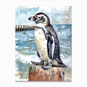 Humboldt Penguin Breakwater Watercolour Painting 1 Canvas Print