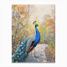 Peacock On The Path Scribble Portrait 3 Canvas Print