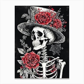Floral Skeleton With Hat Ink Painting (35) Canvas Print