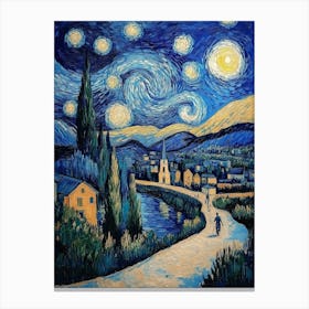 Starry Night Vincent Van Gogh Painting Style, Landscape In Blue Tones Masterpiece Canvas Print