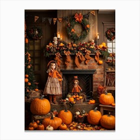 Autumn Decor Layout Integrates Thanksgiving And Halloween Themes Spooky Pumpkins Nestled Between C Canvas Print