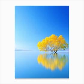 A Yellow And Pink And Green Ginkgo Trees , With A Clear Blue Sky And Lake Reflection, In A Minimalist Style Canvas Print