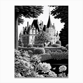 Château De Chenonceau Gardens, 1, France Linocut Black And White Vintage Canvas Print