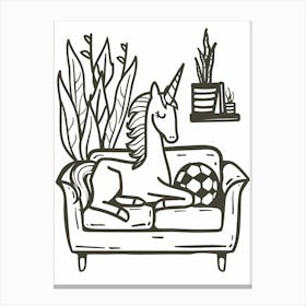A Unicorn Black & White Doodle Relaxing On The Sofa 2 Canvas Print