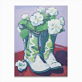 A Painting Of Cowboy Boots With White Flowers, Fauvist Style, Still Life 2 Canvas Print