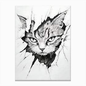 Angry Cat Watching from Wall Hole 8 Canvas Print