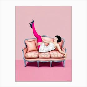 Girl On A Pink Couch Canvas Print