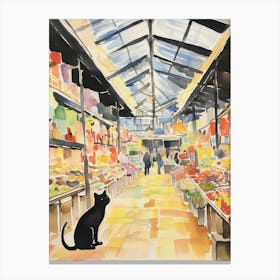 Food Market With Cats In Tokyo 4 Watercolour Canvas Print