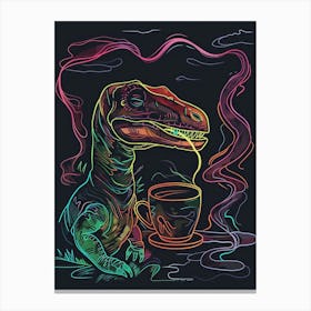 Neon Dinosaur Drinking Coffee Line Illustration Canvas Print
