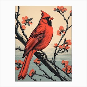 Vintage Bird Linocut Northern Cardinal 1 Canvas Print