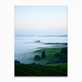 Misty Landscape Rolling Hills Merge With Translucent Fog Towering Ancient Trees Silhouetted Agains Canvas Print