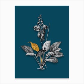 Vintage Daylily Black and White Gold Leaf Floral Art on Teal Blue n.0247 Canvas Print