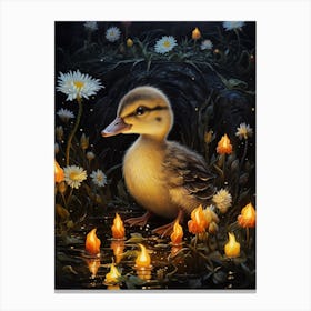 Duckling At Night With Fireflies 1 Canvas Print