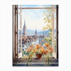 Window View Of Zurich Switzerland In Autumn Fall, Watercolour 1 Canvas Print