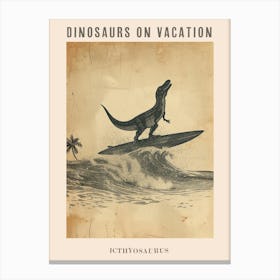 Vintage Icthyosaurus Dinosaur On A Surf Board 2 Poster Canvas Print