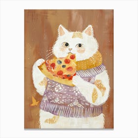 Cute White Cat Pizza Lover Folk Illustration 1 Canvas Print