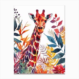 Watercolour Giraffe Head In The Leaves 7 Canvas Print