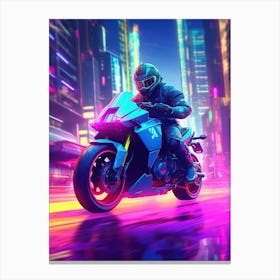 Motorcycle Rider In A Neon City Canvas Print