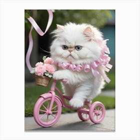 Cute Kitten Riding A Pink Bicycle Canvas Print