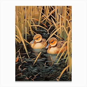 Ducklings With The Pond Weed Japanese Woodblock Style 4 Canvas Print