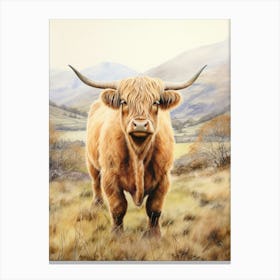 Highland Cow With Rolling Hills Watercolour 3 Canvas Print