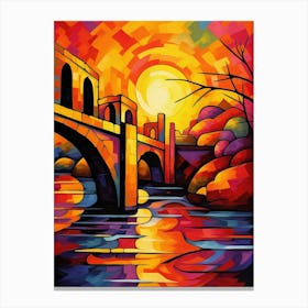 Bridge in Sunset, Vibrant Colorful Painting in Picasso Cubism Style Canvas Print