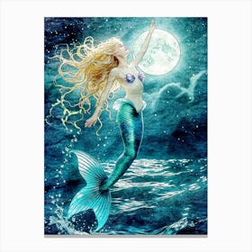 Jumping Beauty Mermaid Under Moonlight Canvas Print