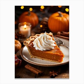 Close Up Top View Of Pumpkin Pie Slice Topped With Whipped Cream Resting On A Wooden Table Surroun Canvas Print