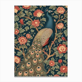 Blue & Red Peacock Vintage Wallpaper Canvas Print