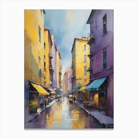 Colored Painting Of A Cityscape,Indigo And Yellow,Purple (32) Canvas Print