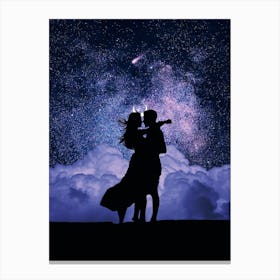 Couple Kissing Under The Sky Full Stars Canvas Print